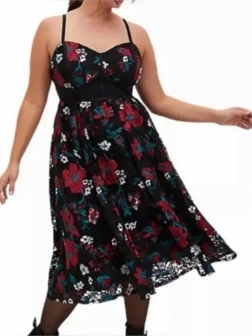 Torrid Floral Lace Midi Dress with Spaghetti Straps - semi formal